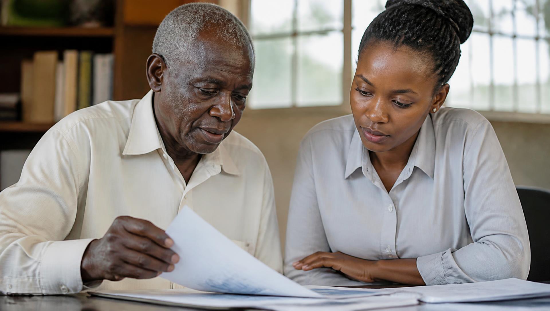 An elderly African man studying documents with a young researcher in an archive